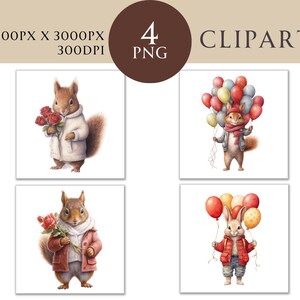 Mignon Saint-Valentin Clipart aquarelle PNG 4 Illustration animale romantique à usage commercial Écureuil ballons Artisanat en papier Téléchargement instantané numérique