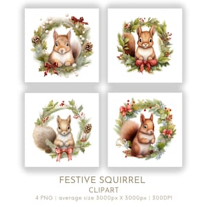 Écureuil de Noël aquarelle Clipart PNG lot de 4, des cliparts festifs de Noël pour un usage commercial, créations en papier Téléchargement instantané numérique