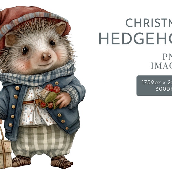Christmas Hedgehog Watercolor Clipart PNG, Forest Animals Clipart, Nursery Clipart Commercial Use Clipart, Templett, Corjl & Canva Friendly