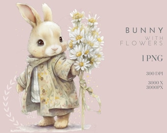 Easter Bunny with Flowers Clipart , Nursery Spring Clipart , Daisy Clipart , Easter Clipart , Spring Bunny Clipart , Floral Clipart- Nursery
