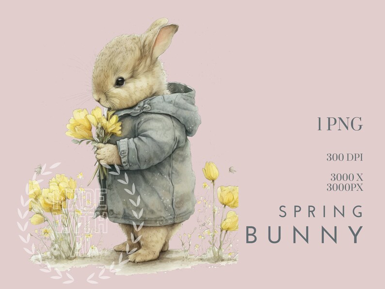 Rabbit With Flowers Clipart , Nursery Spring Clipart , Daffodils ...