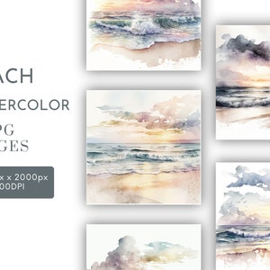 Clipart de aquarela de praia JPG, designs de fundo, diário de lixo, arte de parede de aquarela de pôr do sol para uso comercial, download instantâneo digital