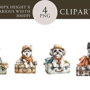 Encantadoras y extravagantes ilustraciones de perros en maletas antiguas para manualidades, arte digital, álbumes de recortes y pegatinas con temática de viajes