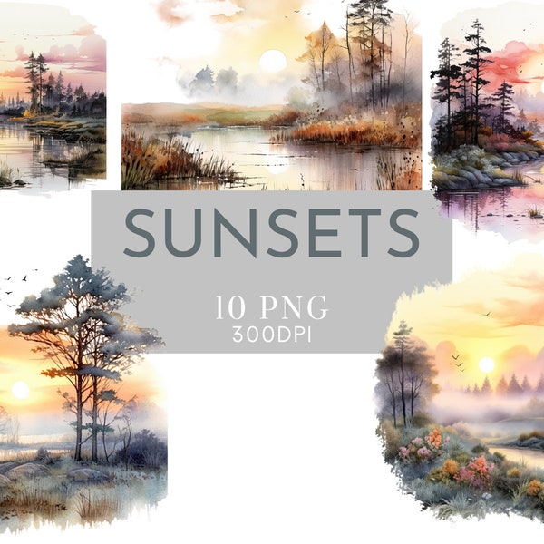 Sunset Scenes, Misty Sunsets Watercolor Sunset lakes trees Tranquil Commercial Use Transparent PNG Scrapbook Crafting Junk Journal Clipart