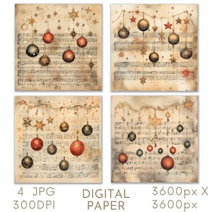 Palline di Natale e carta musicale Carta digitale 4 JPG Creazione di biglietti di Natale Pagine di diario spazzatura Album digitale Download istantaneo digitale