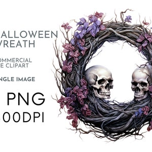Watercolor Halloween Wreath, Gothic Single Image Clipart PNG for Commercial Use, Skull Spooky , Transparent PNGs, Invite Crafting