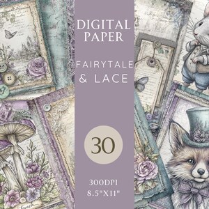 Kit de diario de cuentos de hadas y encaje, 30 páginas de fantasía imprimibles, castillos, criaturas del bosque y hongos. Papel digital de 8,5 x 11 pulgadas. Descarga instantánea.