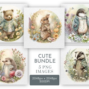 Jardin d'été mignon animaux Clipart PNG, Scrapbooking, fabrication de cartes, lapin en peluche blaireau hérisson Clipart usage Commercial téléchargement immédiat