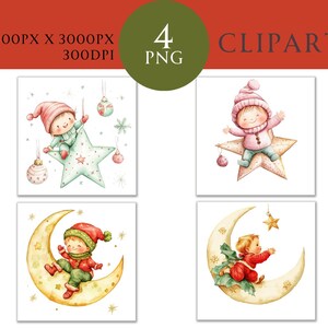 Noël bébé aquarelle Clipart PNG lot de 4, étoile lune, carte d'invitation Scrapbooking Journal indésirable téléchargement numérique, usage Commercial