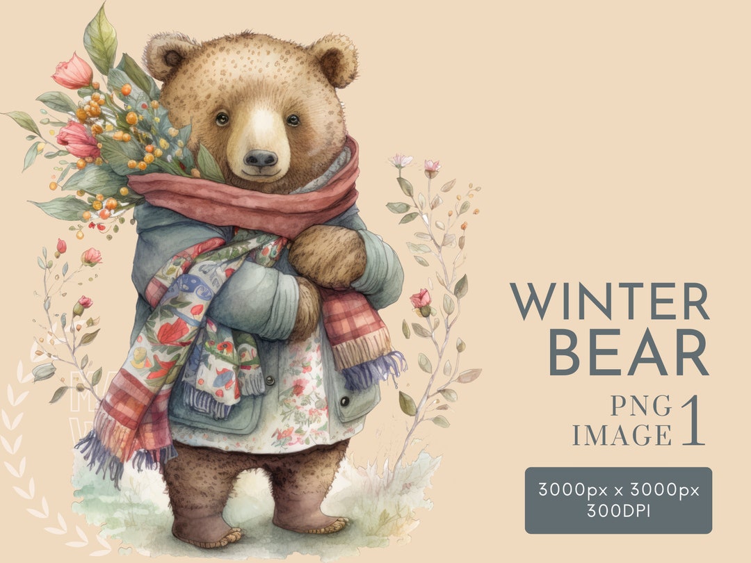 Watercolor Winter Bear Clipart PNG, Forest Animals Clipart, Nursery