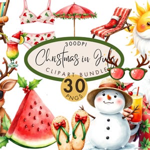 Christmas in July Clipart Bundle, Summer Santa Clip Art, Beach Christmas PNGs , Watermelon Reindeer, 300 DPI Transparent Background