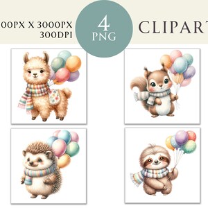 Lama écureuil hérisson et paresseux anniversaire ballons Clipart Illustration aquarelle Images PNG usage commercial, téléchargement numérique instantané