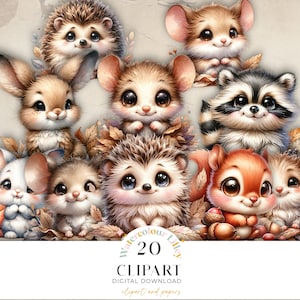 Ensemble de cliparts animaux mignons, lapin, souris, raton laveur, chambre d'enfant, aquarelle des cliparts à usage commercial, écureuil hérisson, téléchargement numérique instantané JJ01