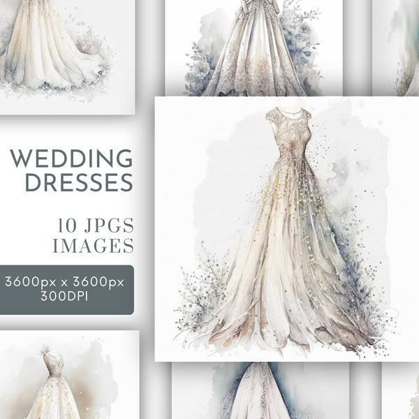 Wedding Dress Illustration Watercolor Clipart JPG Bridal Gown Junk Journaling Watercolor Card Making Commercial Use Digital Instant Download