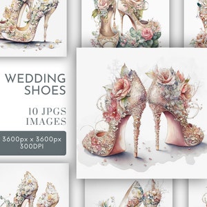 Chaussures de mariage et fleurs aquarelle Clipart JPG, journalisation glamour indésirable, fabrication de cartes aquarelle usage Commercial téléchargement numérique instantané