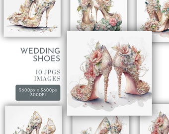 Wedding Shoes and Flowers Watercolor Clipart JPG, Glamour Junk Journaling, Watercolor Card Making Commercial Use Digital Instant Download