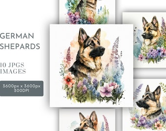 German Shepard Dog Watercolor Clipart JPG, Digital Planner Junk Journaling, Pet Portrait Watercolor Wall Art Commercial Use Instant Download