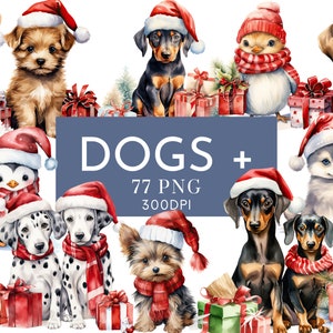 Chiens en bonnets de père Noël aquarelle Clipart PNG Bundle, gros Bundle animaux des cliparts festifs tout usage commercial, téléchargement numérique de Noël Noël