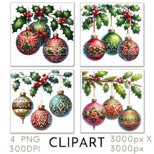 Red Green Christmas Baubles Illustration Watercolor Clipart PNG Set 4 Christmas Xmas Commercial Use, Paper Crafts Digital Instant Download