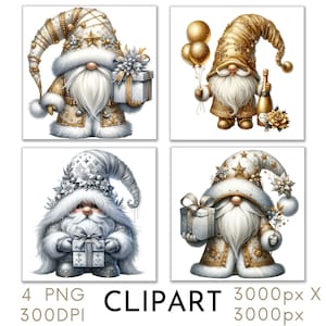 Illustrazione di gnomi di Natale in argento e oro, acquerello, clipart, PNG, set 4, uso commerciale di Natale, artigianato di carta, download istantaneo digitale