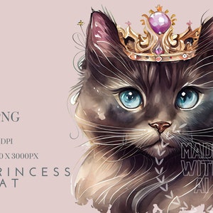 Prinzessin Katze Aquarell Clipart PNG, königliche Tiere Clipart, Kindergarten Clipart kommerzielle Nutzung Clipart, Templett, Corjl & Canva freundlich