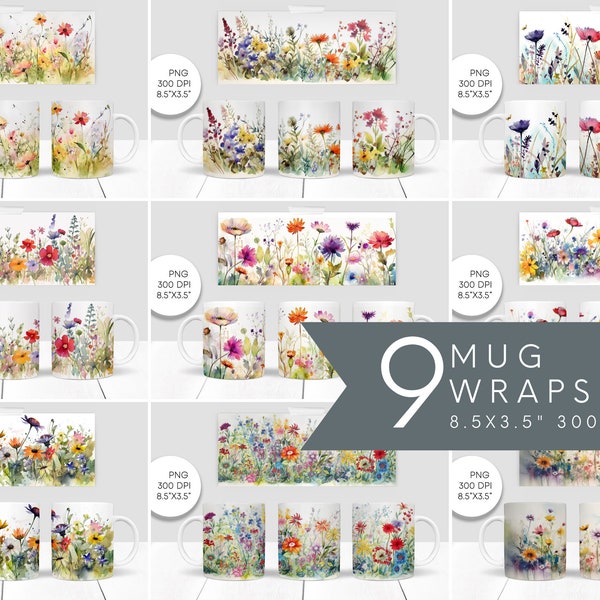 Lot de tasses aquarelle fleurs sauvages, conception de tasse mystique, modèles de tasses florales de 11 oz, téléchargement immédiat, emballage complet de tasse à café, tasse PNG