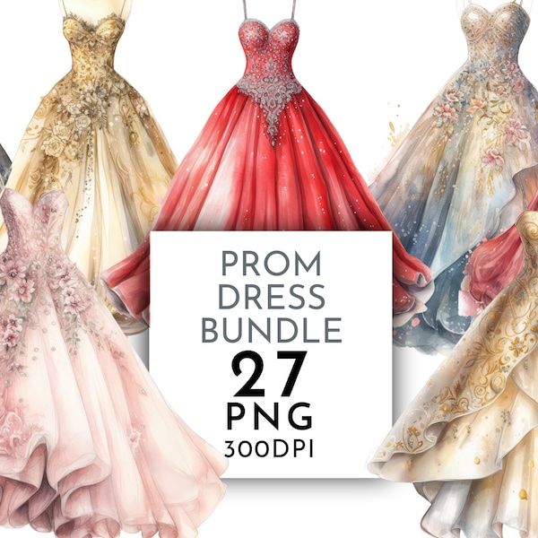 Prom Dresses Watercolor Clipart PNG Bundle , Wedding Bridesmaids Dresses Clipart for Commercial Use, Digital Instant Download