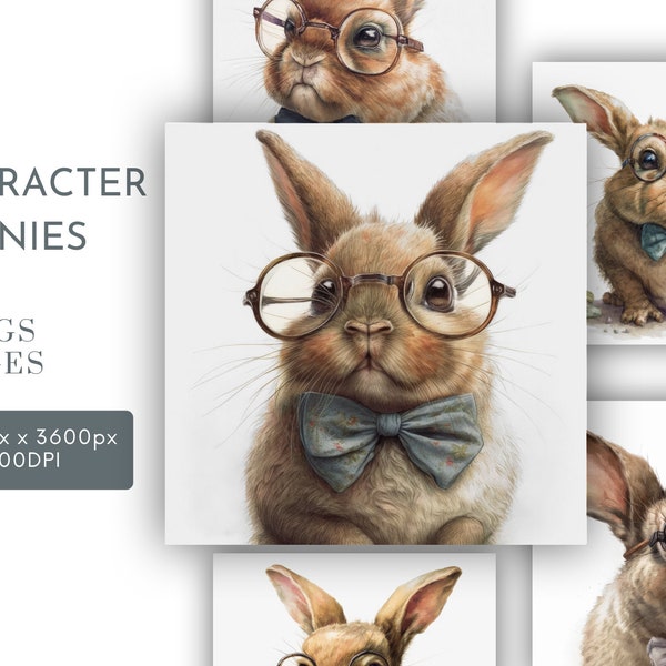 Character Bunny in Bowtie and Glasses Watercolor Clipart JPG, Junk Journaling, Pet Wall Art Commercial Use Digital Instant Download