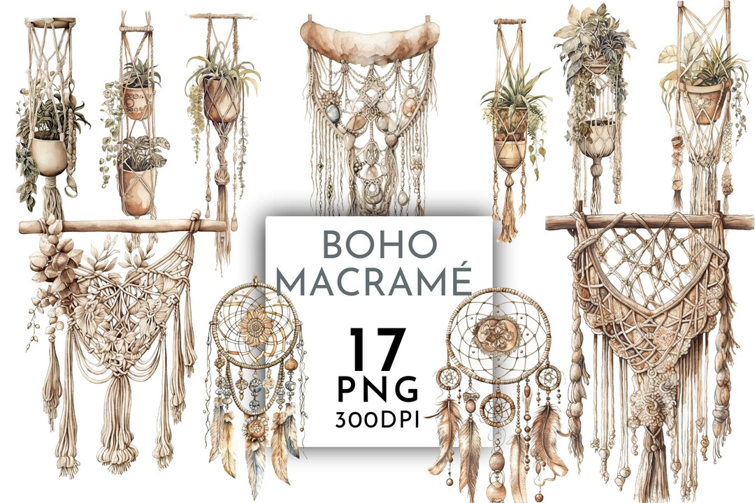 Watercolor Macrame Clipart PNG Bundle , Boho Macrame Wall Hanging