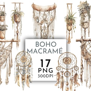 Paquete de imágenes prediseñadas de macramé de acuarela PNG, imágenes prediseñadas de macramé bohemio para colgar en la pared para uso comercial, descarga digital instantánea