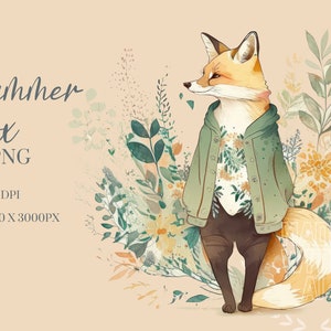 Renard de l'été Clipart aquarelle PNG, Clipart animaux de la forêt, Clipart de chambre d'enfant, usage Commercial des cliparts, Templett, Corjl & Canvas Friendly