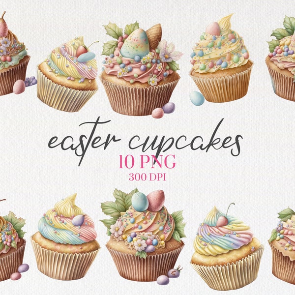 Watercolor Easter Frosting Cupcakes PNG, Spring Bakery Cooking Clipart, Commercial Use Clipart, Templett, Corjl & Canva Friendly
