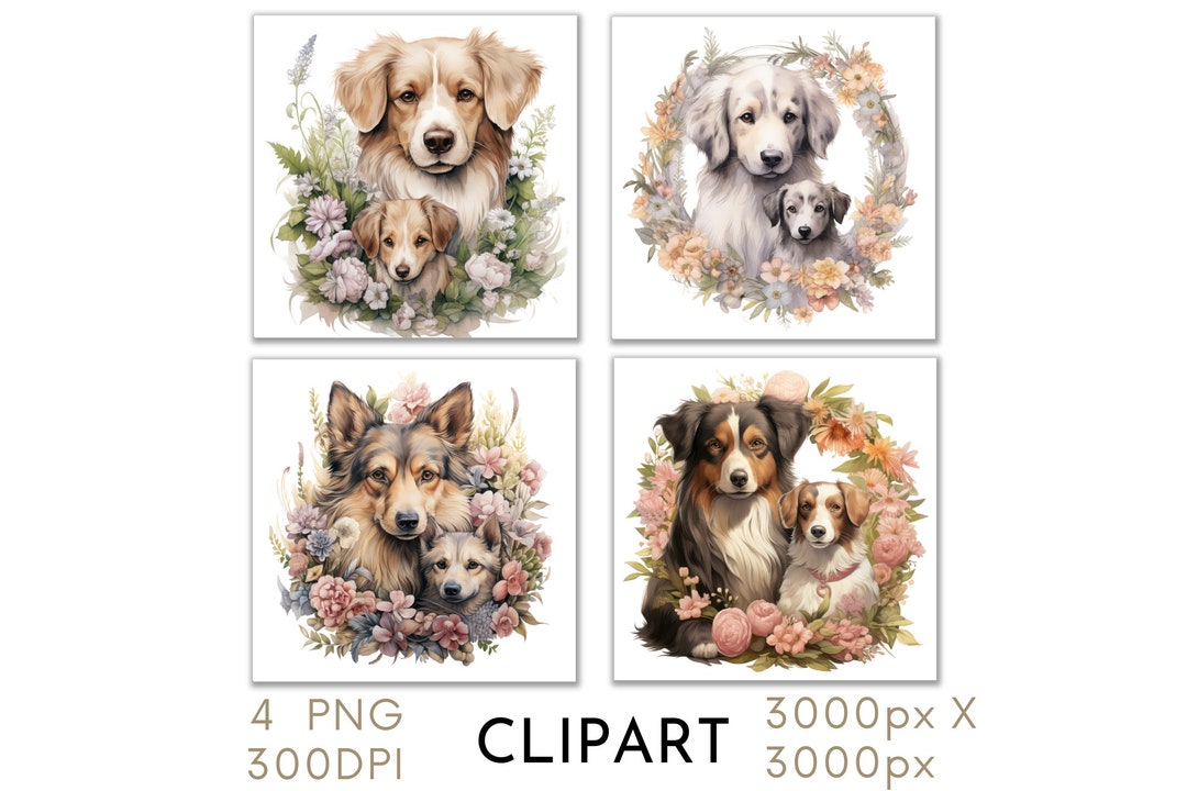 Mother Baby Animals Clipart Watercolor PNG Set 4 Dog Puppy ...