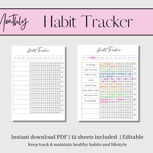 Monthly Habit Tracker Digital Download Printable / Minimalistic bullet journal style habit tracker and monthly planner