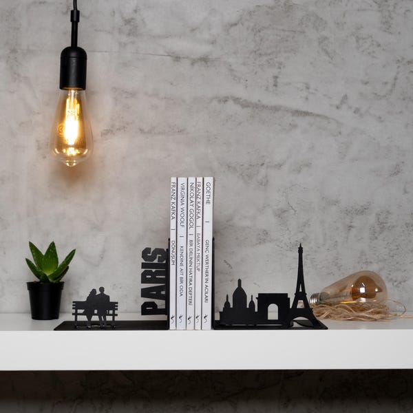 Paris Bookends: Metal Art, Eiffel Tower Silhouette, Office Decor