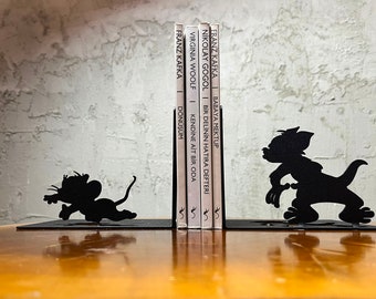 Serre-livres en métal Tom et Jerry, décoration en métal, art du métal, cadeau, bibliothèque, meilleure décoration, rat de bibliothèque, porte-livres, livre, cadeau de Noël,
