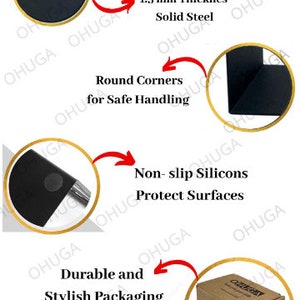 May include: A black metal tray with rounded corners and a non-slip silicone surface. The tray is 1.5 mm thick and made of solid steel. It has a durable rustproof powder coated finish. The tray is packaged in a brown box with the word "OHUGA" printed on it.