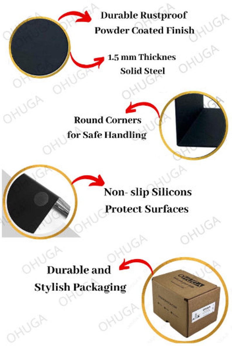 May include: A black metal tray with rounded corners and a non-slip silicone surface. The tray is 1.5 mm thick and made of solid steel. It has a durable rustproof powder coated finish. The tray is packaged in a brown box with the word "OHUGA" printed on it.