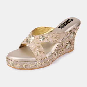 Bridal wedding shoes with heels in rose gold embroidery with rhinestones and beads and pointed toe Heels