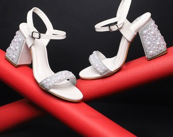 block heel sandal ivory, Wedding Shoes Pearl, Brautschuhe, Wedding Sandals, Handmade ivory leather sandals, Wedding heels, "