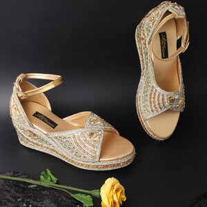 Gold Wedding Shoes, Block Heel Sandals, Bridal Shoe, Mouse Ear Glitter Heels
