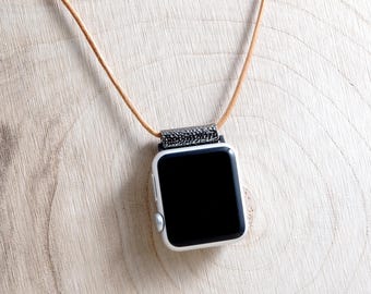 Leather necklace for smartwatches – with smartwatch adapter & metal bar – compatible with Apple, Samsung, Fitbit, Huawei, Xiaomi HKetteLE
