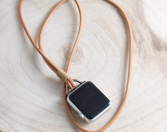 Leather necklace for smartwatches with stainless steel adapter & D-ring – compatible with Apple, Samsung, Fitbit, Huawei, Xiaomi HKetteLE