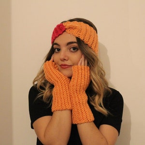 Handmade crochet headband and gloves, fingerless gloves, two-tone fuchsia and orange headband