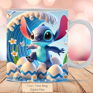 3D Cute Stitch Splash Water Eggs Mug Wrap, 3D Easter Mug Wrap Sublimation Design PNG, Mug 11oz and 15oz Mug Wrap, Digital PNG Download