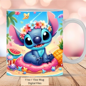 3D schattige Stitch zomer strand mok wrap, Stitch water mok wrap sublimatie ontwerp PNG, mok 11oz en 15oz Stitch mok wrap