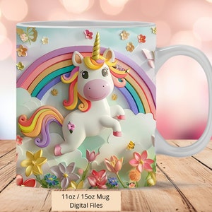 3D Einhorn Regenbogen Tassenfolie, 3D Tassenfolie Sublimation Design PNG, Tasse 11oz und 15oz Einhorn Tassenfolie