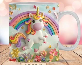 May include: White ceramic mug with a colorful illustration of a unicorn with a rainbow and flowers. The mug is 11oz/15oz and is a digital file.
