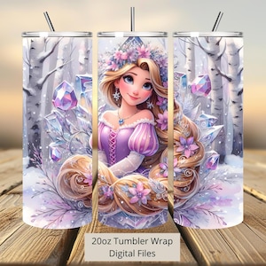 3D schattige Rapunzel kristallen wrap, prinses tuimelaar wrap sublimatie ontwerp PNG, 20oz mager recht en taps toelopende Rapunzel bloemen tuimelaar wrap