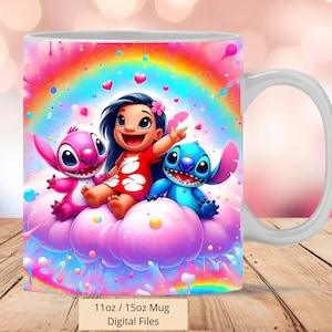 3D schattige Lilo Angel en Stitch Rainbow mok wrap, 3D Stitch mok wrap sublimatie ontwerp PNG, mok 11oz en 15oz Angel mok wrap, digitale bestanden